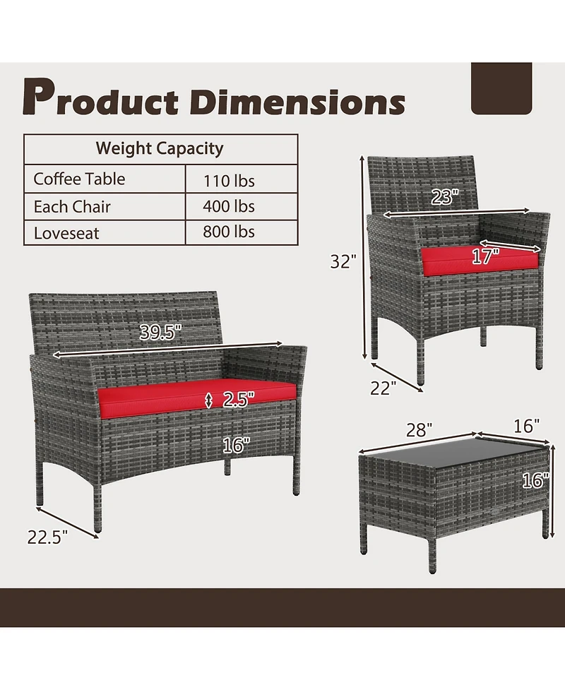 Gymax Set Of 8 Patio Furniture w/Washable Cushions and Tempered Glass Coffee Table
