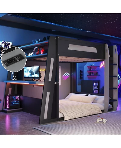 Streamdale Furniture Queen Size Wooden Gaming Bunk Bed with Desk, Usb & Led