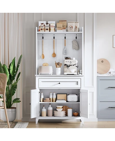 gaomon Kitchen Pantry Storage Cabinet with Outlet,with Microwave Shelf & 4 Hooks, Door Shelves & Drawer