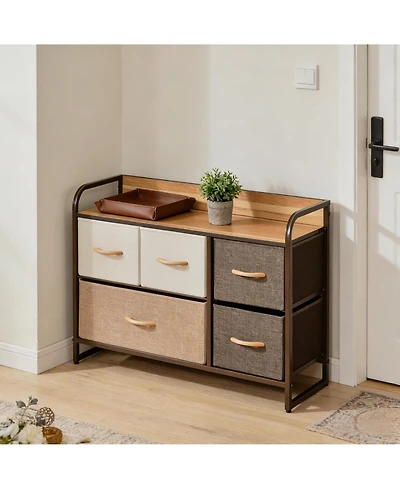 Rainsken 5-Drawer Dresser, Fabric Chest of Drawers, 2-Tier Storage Organizer with Foldable Drawers and Open Shelves for Bedroom and Living Room