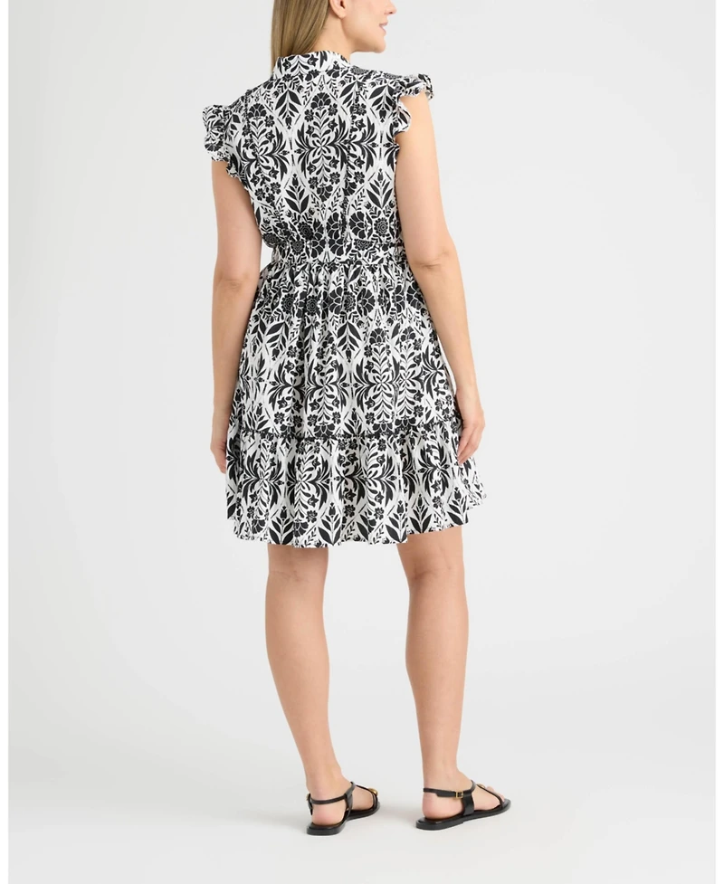 Ellen Tracy Women's Belted Ruffle Sleeve Tiered Dress