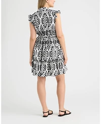 Ellen Tracy Women's Belted Ruffle Sleeve Tiered Dress