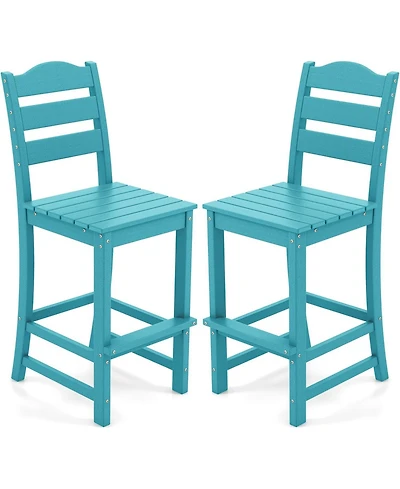 Gymax Set of 2 Hdpe Bar Stool Patio Tall Chair Backrest Footrest All Weather