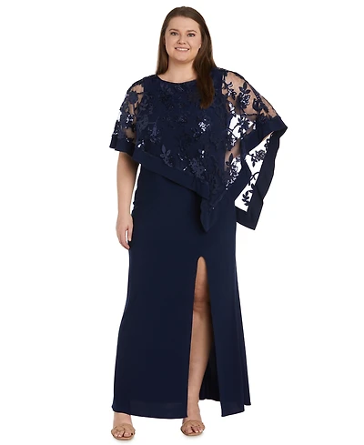 R & M Richards Plus Embroidered Sequin Lace Poncho Gown
