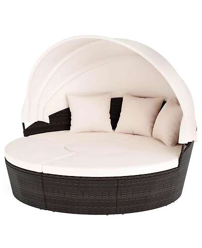 Gymax Patio Round Daybed Pe Rattan Cushioned Sectional Seating w/ Retractable Canopy Outdoor
