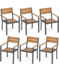 Gymax Patio Dining Chair set of 6 w/ Heavy-duty Metal Frame 6 Acacia Armrest Stackable Chairs