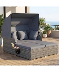 Gymax Patio Rattan Daybed Lounge Retractable Top Canopy Side Tables Cushions