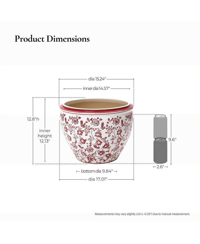 LuxenHome Red Floral Ceramic Planter, 17.1" Round, Indoor & Outdoor Garden Pot