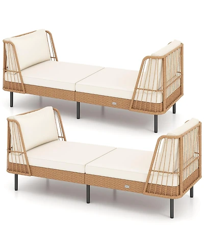 Gymax 2PCS Patio Wicker Daybed w/Seat Back Cushions Robust Metal Legs For Backyard