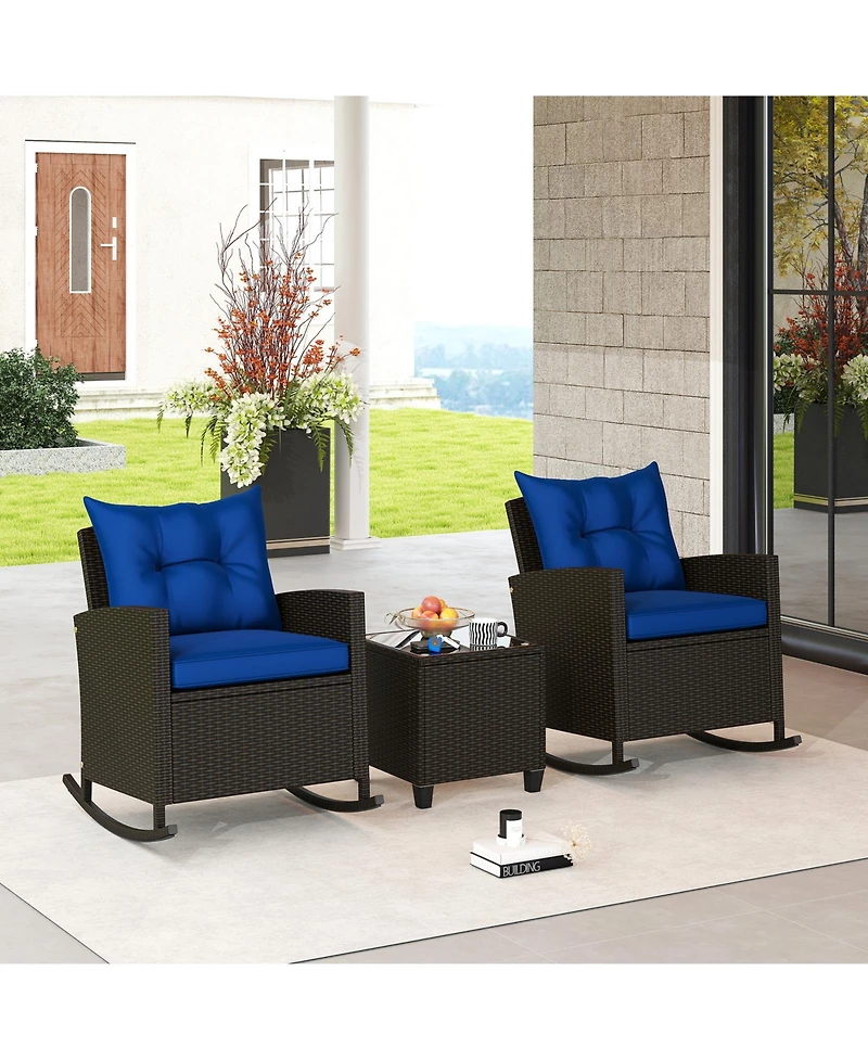 Gymax Set of 3 Wicker Rocking Set Tempered Glass Table Patio Outdoor