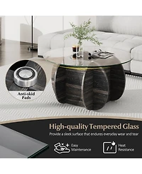 Sugift 35 Round Coffee Table Unique Circle Center Table with Tempered Glass Top and Solid Wood Base
