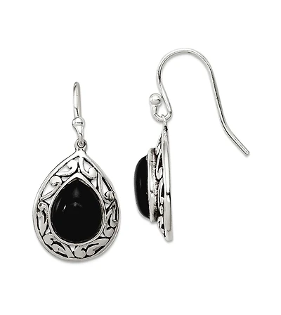 Curata Jewelry 925 Sterling Silver Oxidized Rhodium-Plated Teardrop Simulated Onyx Filigree Boho Hook Earrings