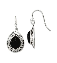 Curata Jewelry 925 Sterling Silver Oxidized Rhodium-Plated Teardrop Simulated Onyx Filigree Boho Hook Earrings