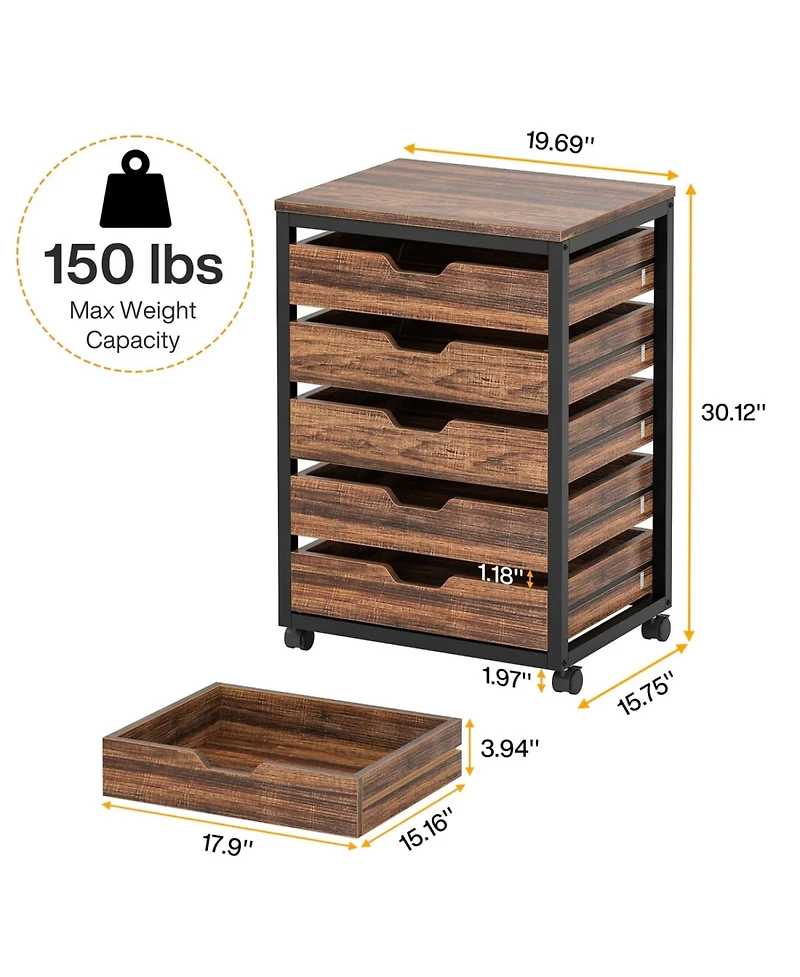 Rainsken 5-Drawer Mobile Storage Cabinet, Industrial Wood Drawer Organizer with Wheels for Office, Bedroom and Entryway