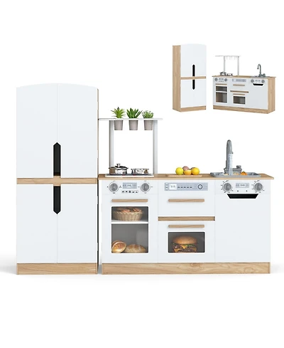 Mecale Wooden 2-Piece Kids Kitchen Playset with Fridge & Running Water for Interactive Play