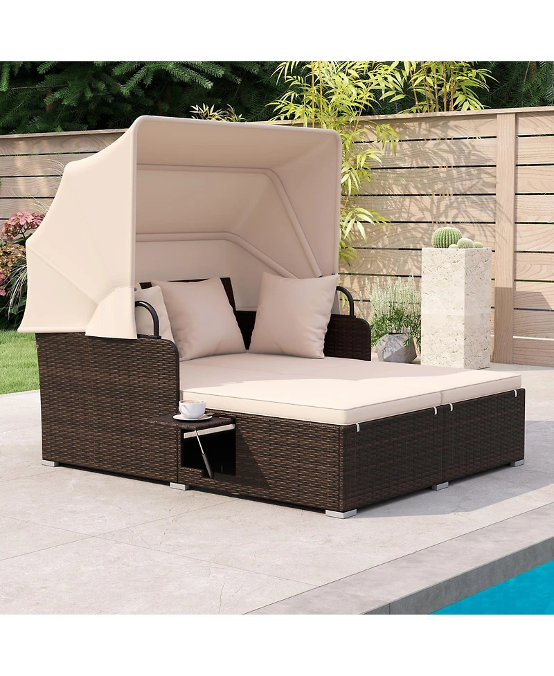 Gymax Patio Rattan Daybed Lounge Retractable Top Canopy Side Tables Cushions for Outdoor