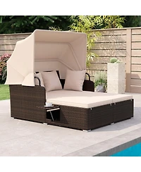 Gymax Patio Rattan Daybed Lounge Retractable Top Canopy Side Tables Cushions for Outdoor
