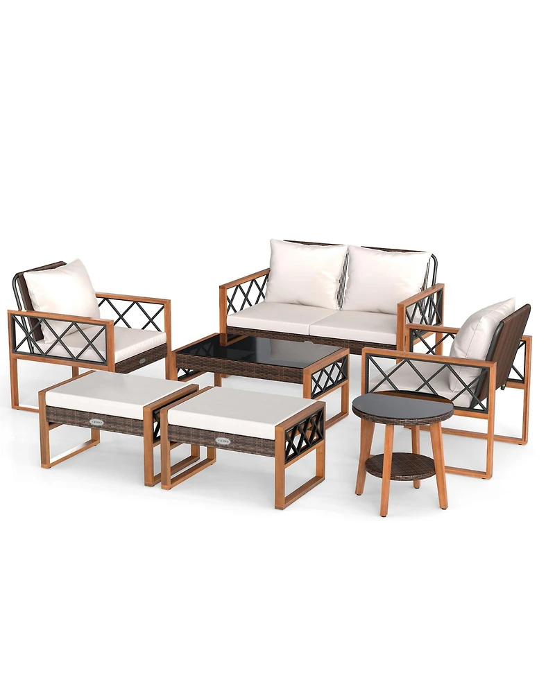 Gymax 7 Pcs Patio Pe Wicker Furniture Set w/ Ottomans Cushions & Tables Chair Couch Outdoor