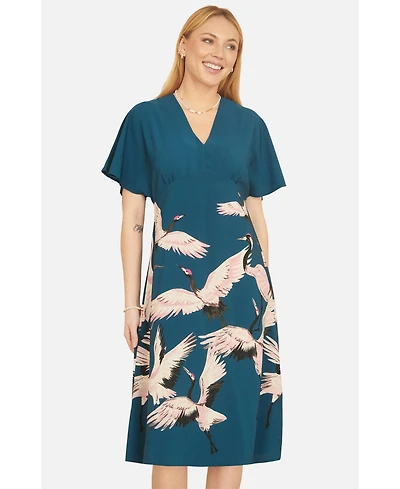 Yumi Women's Crane Print Kimono Midi Dress