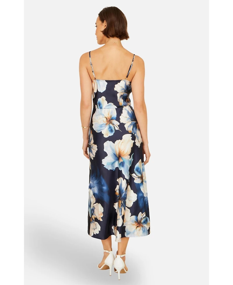 Yumi Women's Cowl Neck Satin Floral Dress