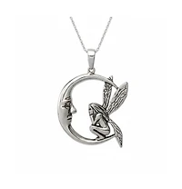 Curata Jewelry Sterling Silver Large Antiqued Moon and Fairy Necklace