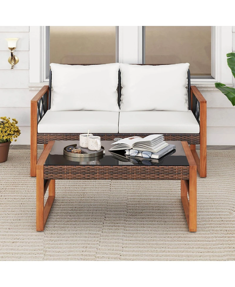 Costway 2 Pieces Patio Pe Wicker Furniture Set Outdoor Acacia Wood Loveseat for Porch