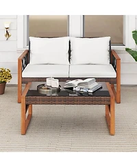Costway 2 Pieces Patio Pe Wicker Furniture Set Outdoor Acacia Wood Loveseat for Porch