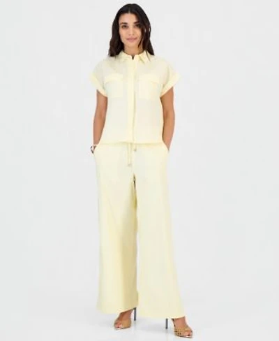 I.N.C. International Concepts Petite Linen Blend Short Sleeve Button Front Shirt High Rise Wide Leg Pants Macys Exclusive