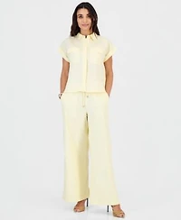 I.N.C. International Concepts Petite Linen Blend Short Sleeve Button Front Shirt High Rise Wide Leg Pants Macys Exclusive