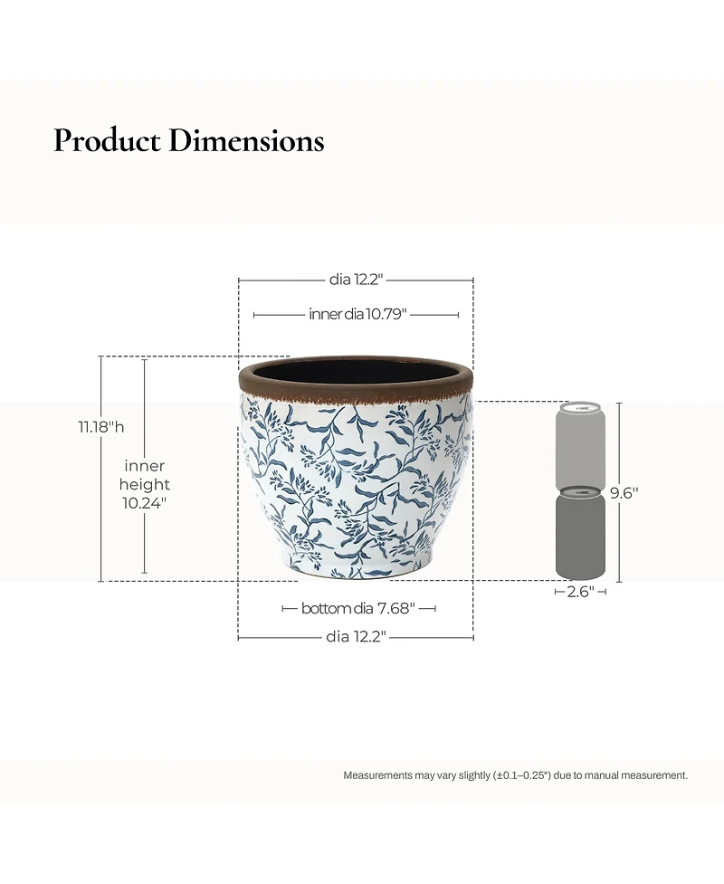 LuxenHome Blue Floral Ceramic Planter, 12.2" Round, Indoor & Outdoor Garden Pot