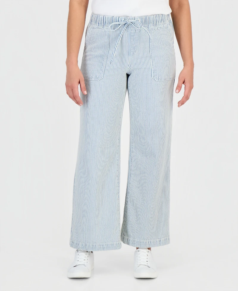 Style & Co Petite Engineer-Stripe Pull-On Wide-Leg Jeans, Macy's Exclusive