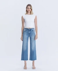 Flying Monkey Women's High Rise Raw Hem Crop Slim Wide Leg Jeans
