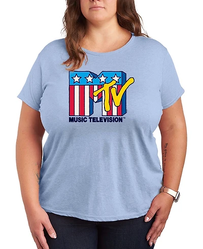 Hybrid Apparel Plus Mtv Usa Flag Logo Graphic Crewneck T-Shirt
