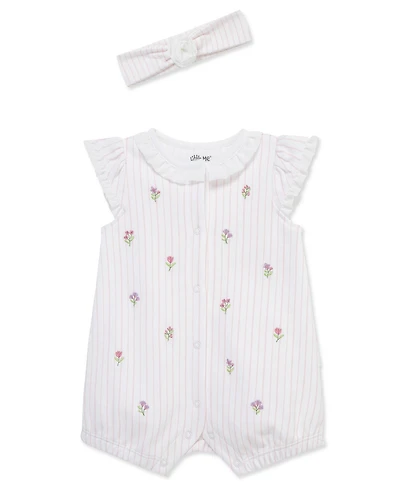 Little Me Baby Girls' Knit Floral Romper & Headband, 2-Piece Set