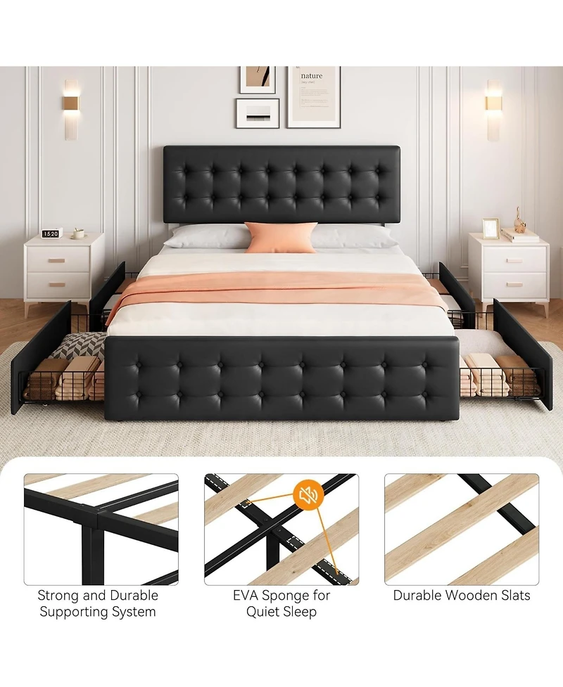 gaomon King Bed Frame with 4 Storage Drawers and Headboard, Button Tufted Design, No
