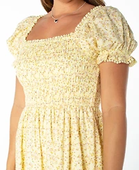 Celebrity Pink Juniors' Textured Floral Printed Puff-Sleeve Midi Dress