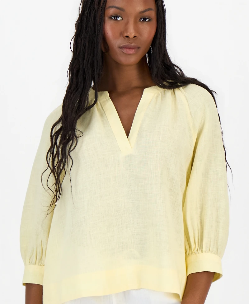 Charter Club Petite 100% Linen Split-Neck 3/4-Sleeve Blouse, Macy's Exclusive