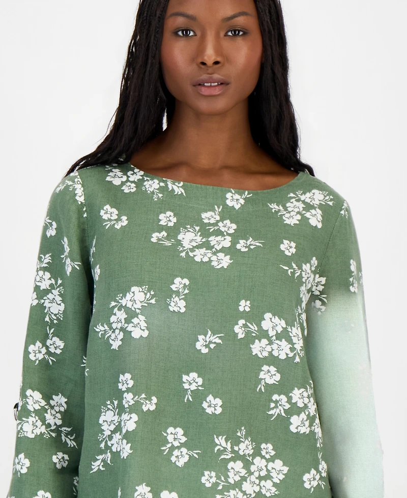 Charter Club Petite 100% Linen Cuffed Top, Created for Macy's