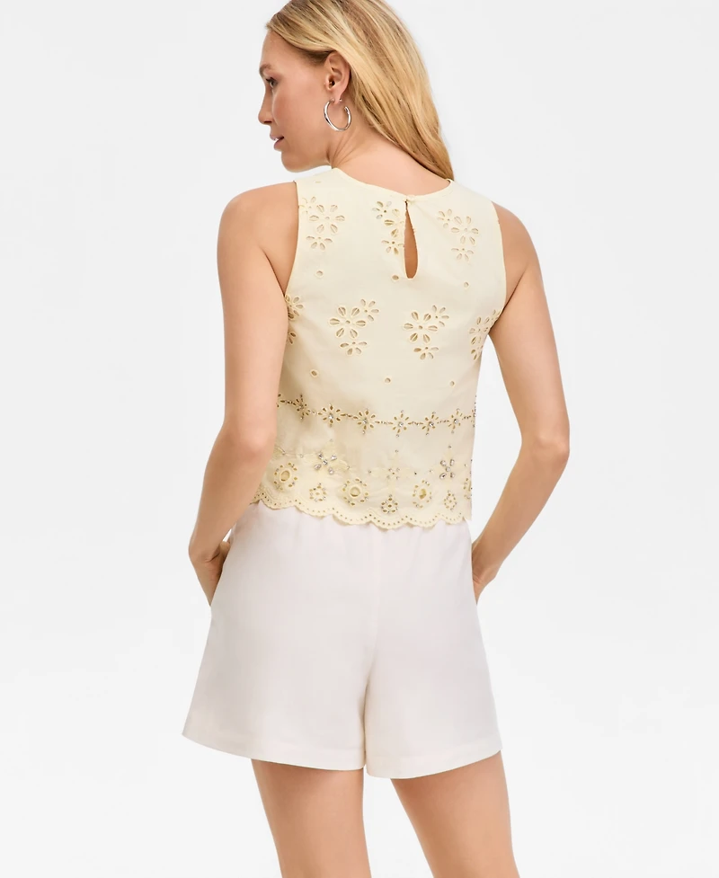 I.n.c. International Concepts Women's Crystal Embellished Eyelet Sleeveless Top, Macy's Exclusive