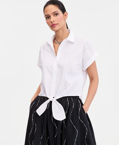 I.n.c. International Concepts Women's Short-Sleeve Rhinestone Embellished Tie Waist Blouse, Macy's Exclusive