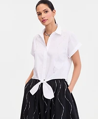 I.n.c. International Concepts Women's Short-Sleeve Rhinestone Embellished Tie Waist Blouse, Macy's Exclusive