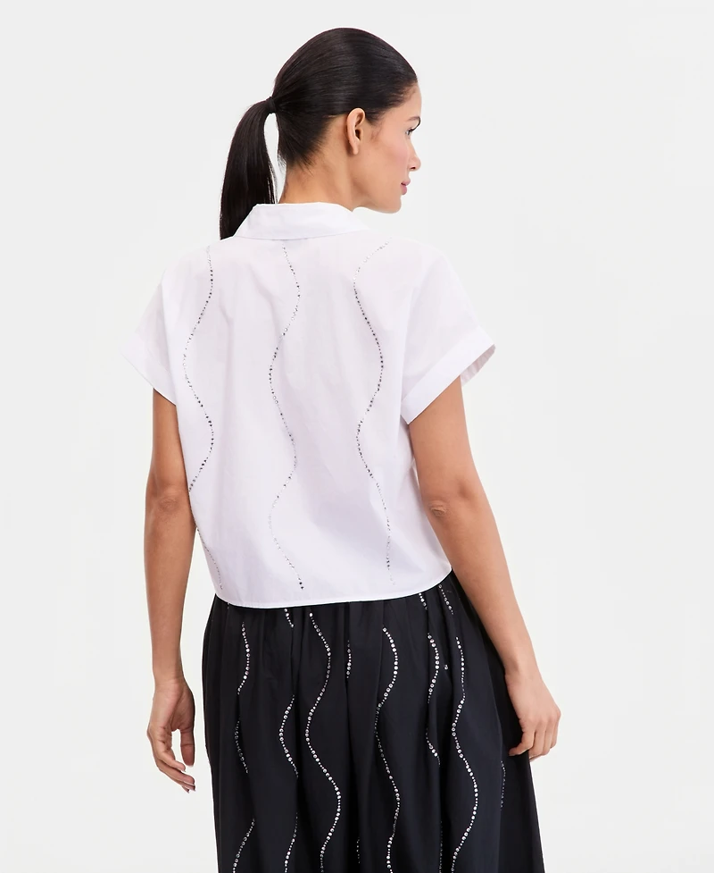 I.n.c. International Concepts Women's Short-Sleeve Rhinestone Embellished Tie Waist Blouse, Macy's Exclusive