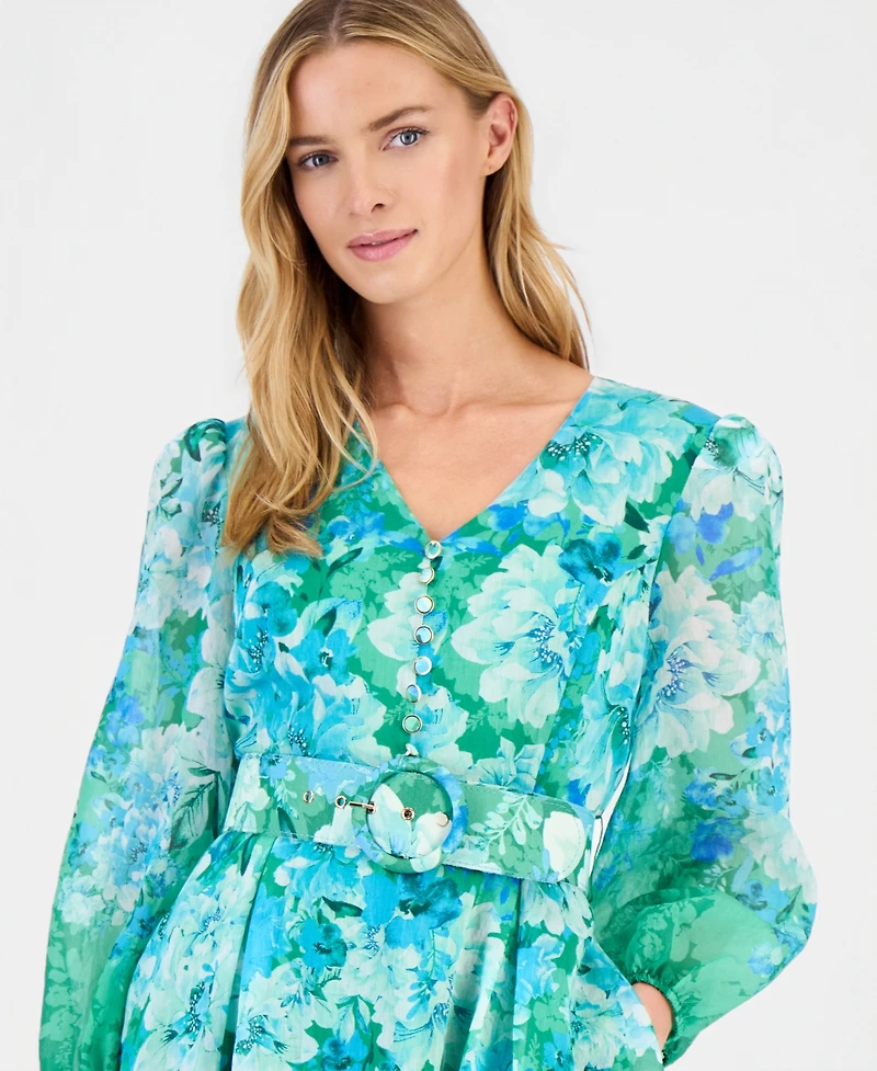 Tahari Asl Women's Printed Long-Sleeve Belted Dress