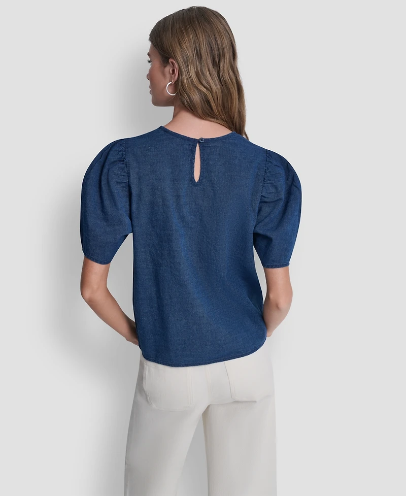 Dkny Jeans Petite Puff-Sleeve Crewneck Ruched Front Shirt