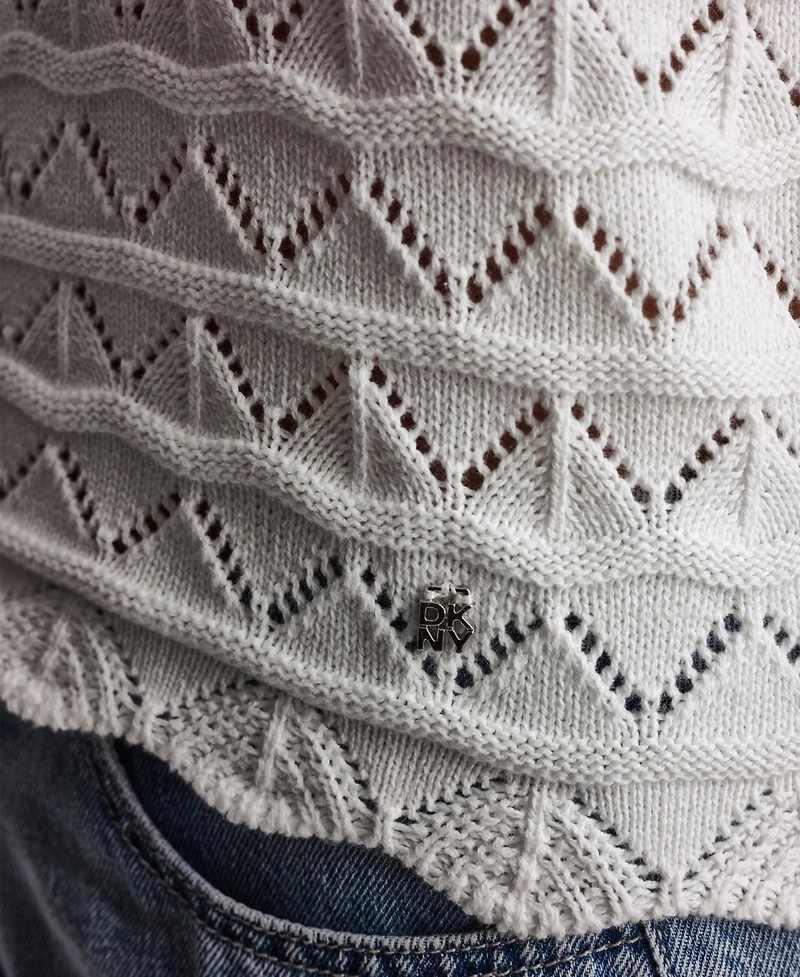 Dkny Jeans Petite Short-Sleeve V-Neck Polo Pointelle Sweater