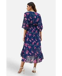 Yumi Women's Floral Kimono Wrap Dipped Hem Midi Dress
