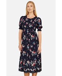 Yumi Women's Smocked Bodice Floral Ruched Midi Dress