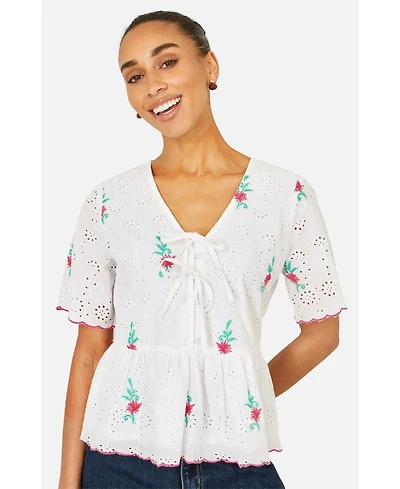 Yumi Women's Broderie Anglaise Embroidered Tie Top