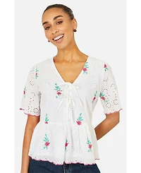 Yumi Women's Broderie Anglaise Embroidered Tie Top