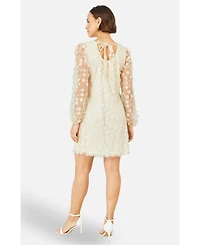 Yumi Women's Long Sleeve Floral Applique Tunic Dress